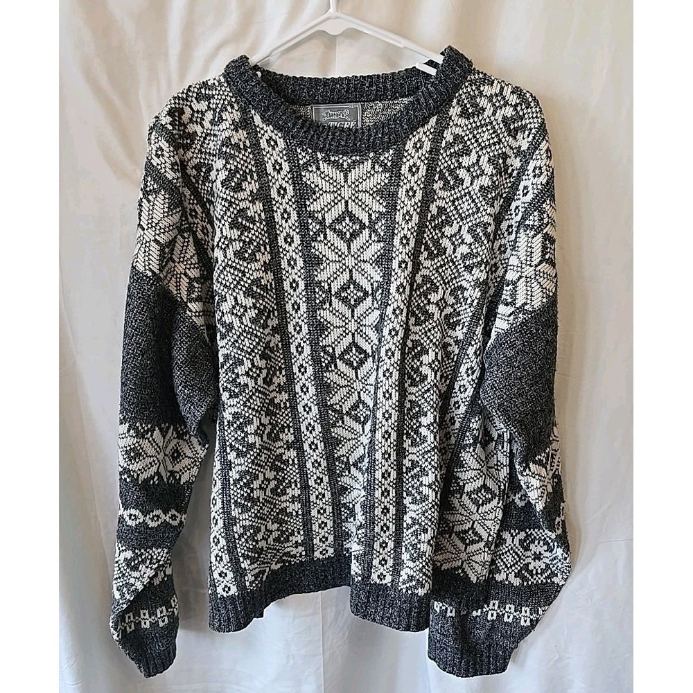 Vintage LeTIGRE Pullover Sweater Gray & White Geometric Snowflakes Knit Men's XL